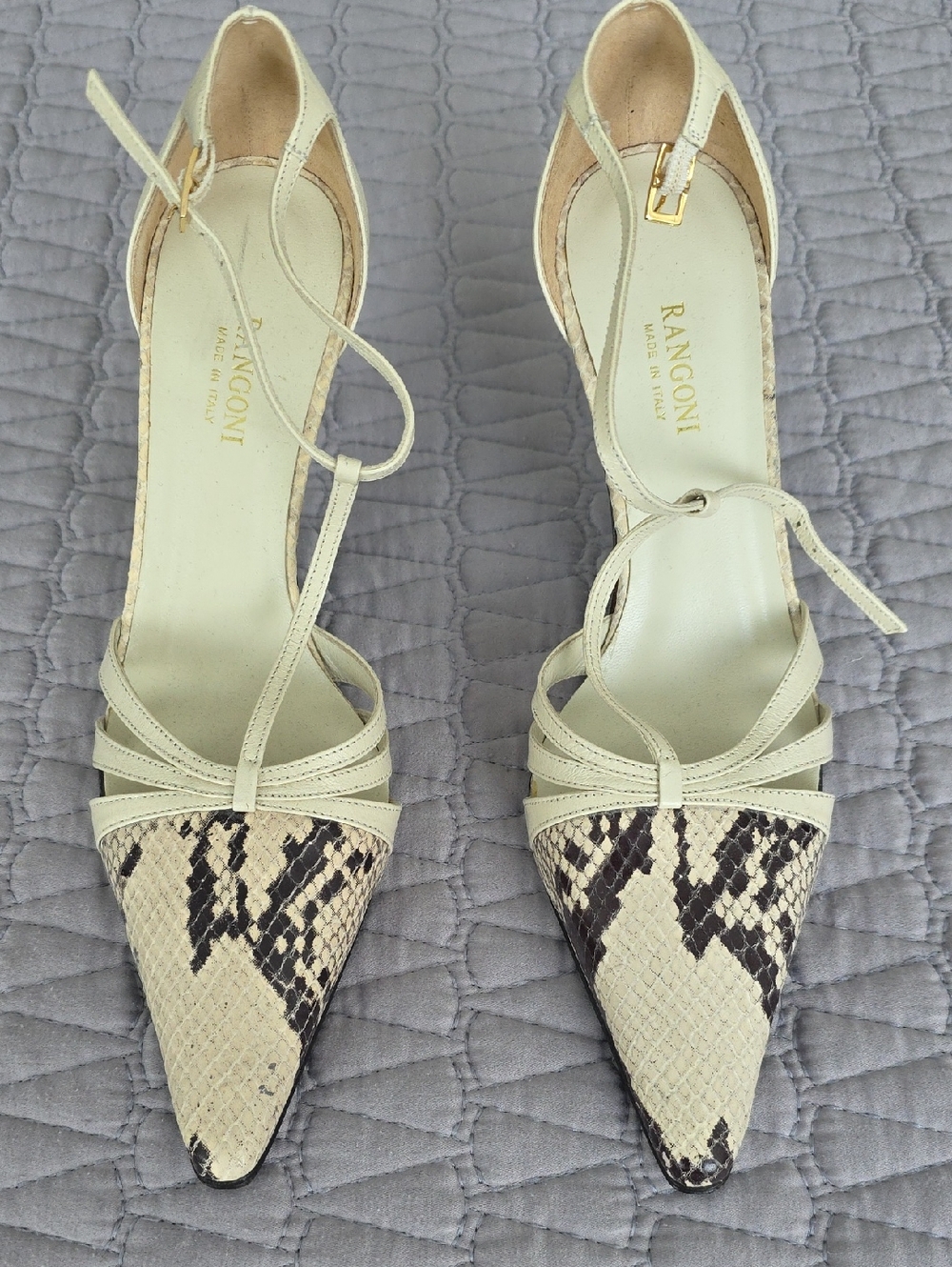 Rangoni Cream Snake-Print Pointed-Toe Ankle-Strap Pumps
